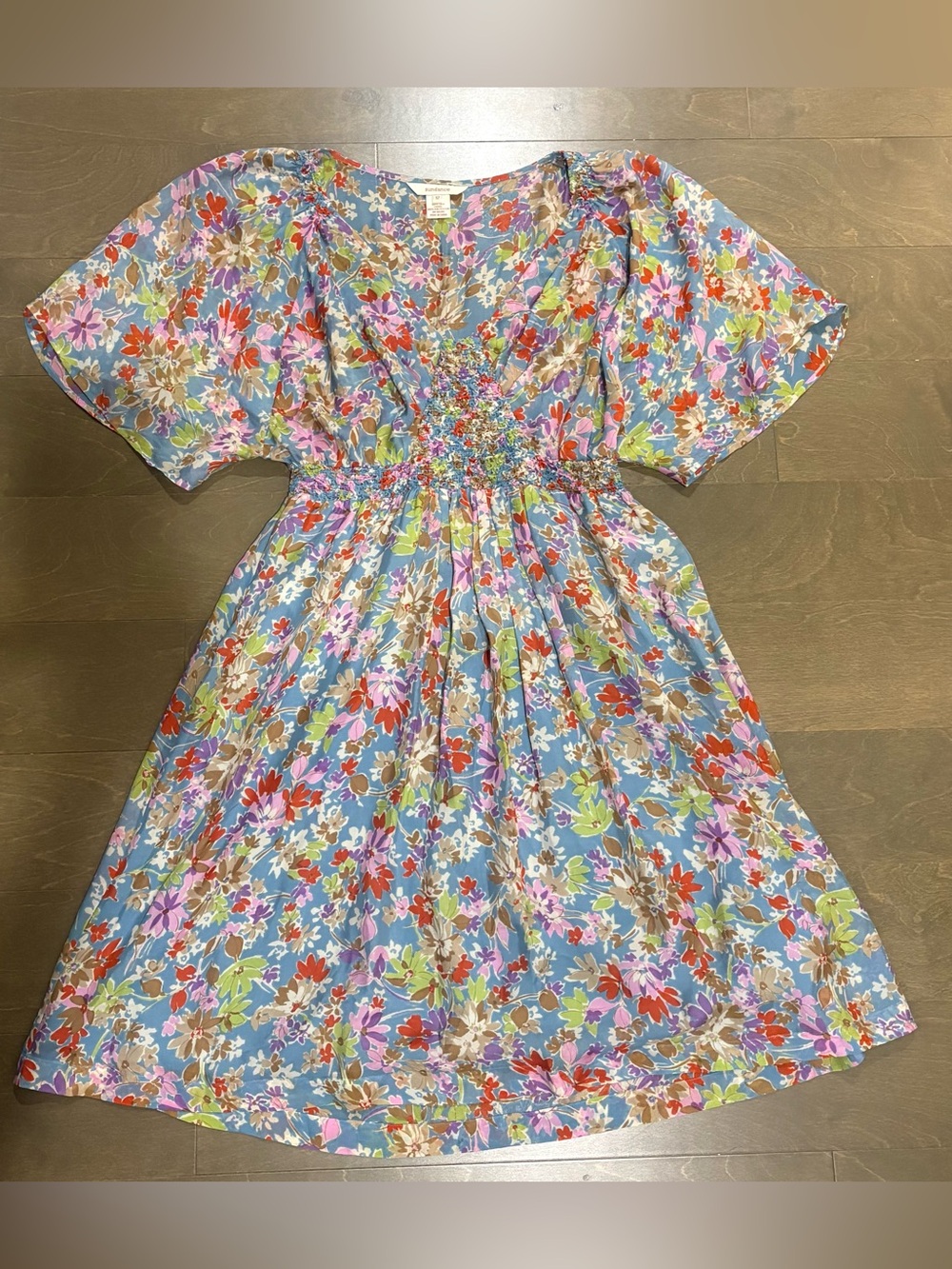 Sundance 100% Silk Floral Smocked Midi Dress Blue Size 12